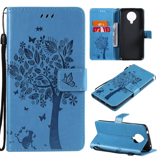 For Nokia G10 Tree & Cat Pattern Pressed Printing Horizontal Flip PU Leather Case with Holder & Card Slots & Wallet & Lanyard(Blue) - Nokia Cases by buy2fix | Online Shopping UK | buy2fix