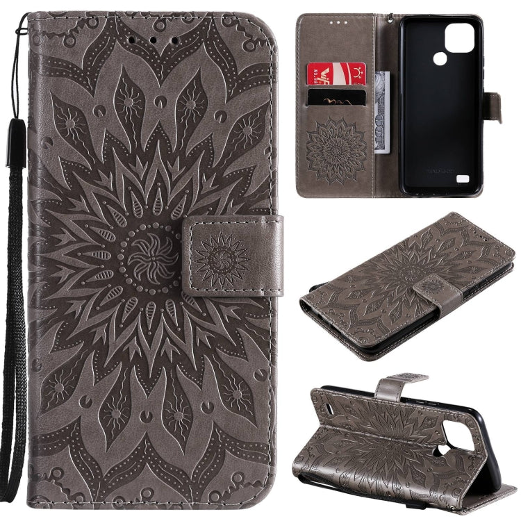 For OPPO Realme C20 / C21 Sun Embossing Pattern Horizontal Flip Leather Case with Card Slot & Holder & Wallet & Lanyard(Grey) - Realme Cases by buy2fix | Online Shopping UK | buy2fix