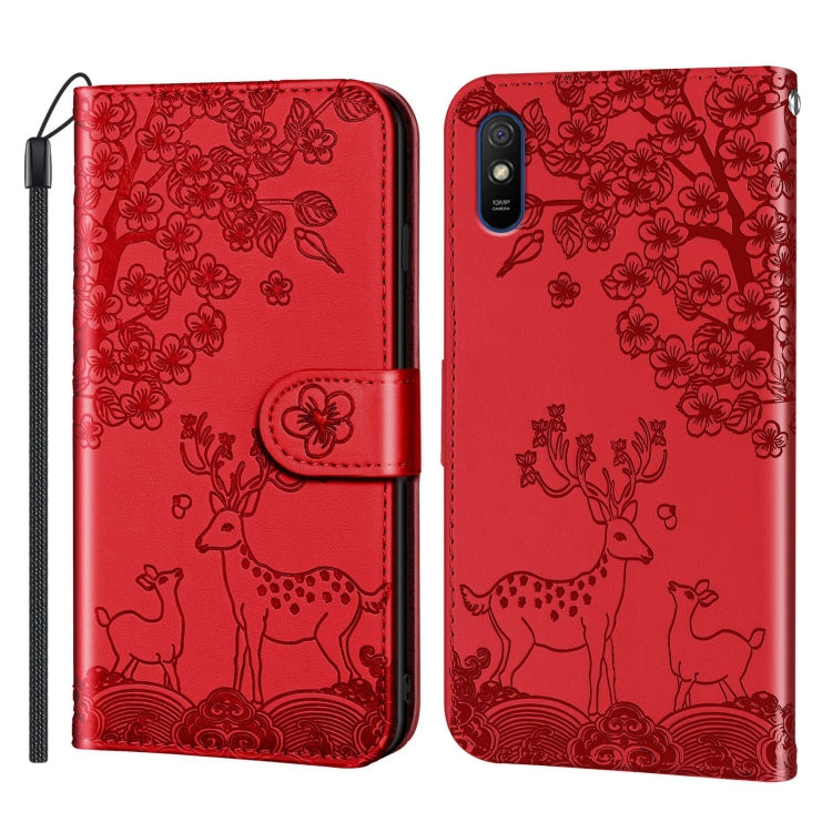 For Xiaomi Redmi 9A Sika Deer Embossing Pattern Horizontal Flip PU Leather Case with Holder & Card Slot & Wallet & Photo Frame(Red) - Xiaomi Cases by buy2fix | Online Shopping UK | buy2fix