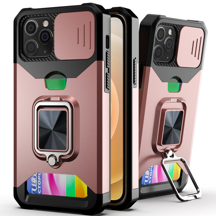 For iPhone 12 Pro Max Sliding Camshield Card Slot Ring Kickstand Phone Case(Rose Gold) - iPhone 12 Pro Max Cases by buy2fix | Online Shopping UK | buy2fix