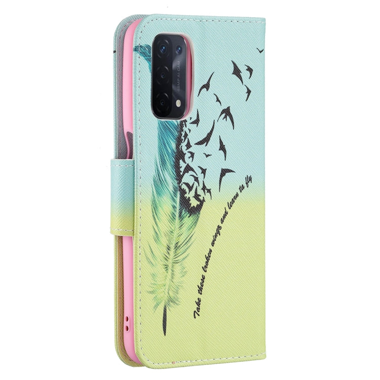 For OPPO A74 / A93 / A54 5G Colored Drawing Pattern Horizontal Flip Leather Case with Holder & Card Slots & Wallet(Feather) - OPPO Cases by buy2fix | Online Shopping UK | buy2fix