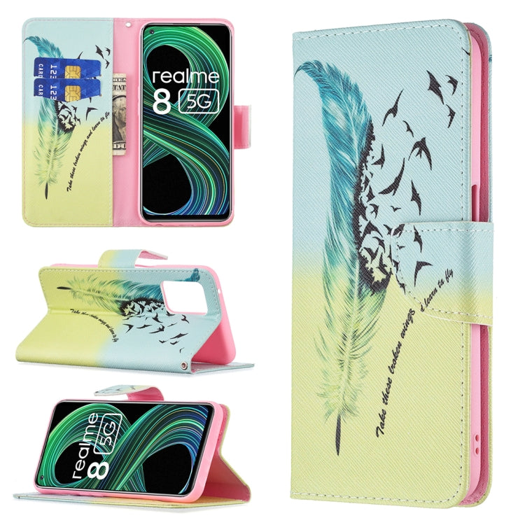 For OPPO Realme 8 5G / Realme V13 Colored Drawing Pattern Horizontal Flip Leather Case with Holder & Card Slots & Wallet(Feather) - Realme Cases by buy2fix | Online Shopping UK | buy2fix