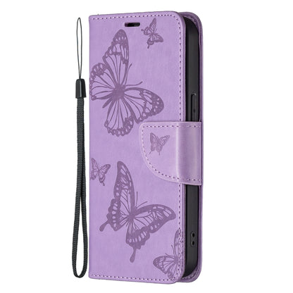 For iPhone 13 Embossing Two Butterflies Pattern Horizontal Flip PU Leather Case with Holder & Card Slot & Wallet & Lanyard(Purple) - iPhone 13 Cases by buy2fix | Online Shopping UK | buy2fix