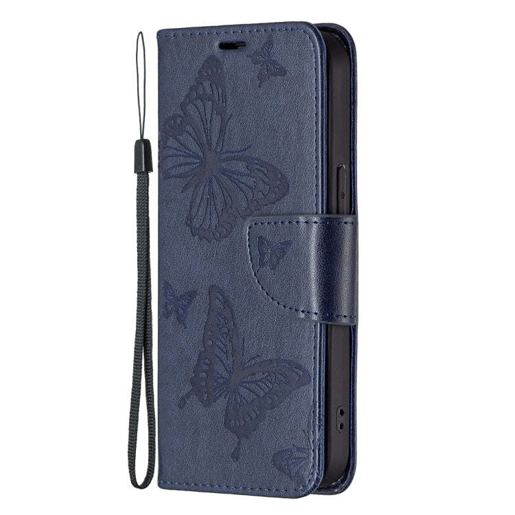 For iPhone 13 Pro Max Embossing Two Butterflies Pattern Horizontal Flip PU Leather Case with Holder & Card Slot & Wallet & Lanyard (Blue) - iPhone 13 Pro Max Cases by buy2fix | Online Shopping UK | buy2fix