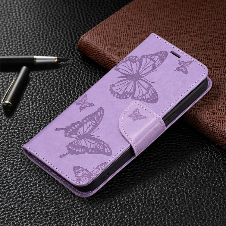 For iPhone 13 Pro Max Embossing Two Butterflies Pattern Horizontal Flip PU Leather Case with Holder & Card Slot & Wallet & Lanyard (Purple) - iPhone 13 Pro Max Cases by buy2fix | Online Shopping UK | buy2fix