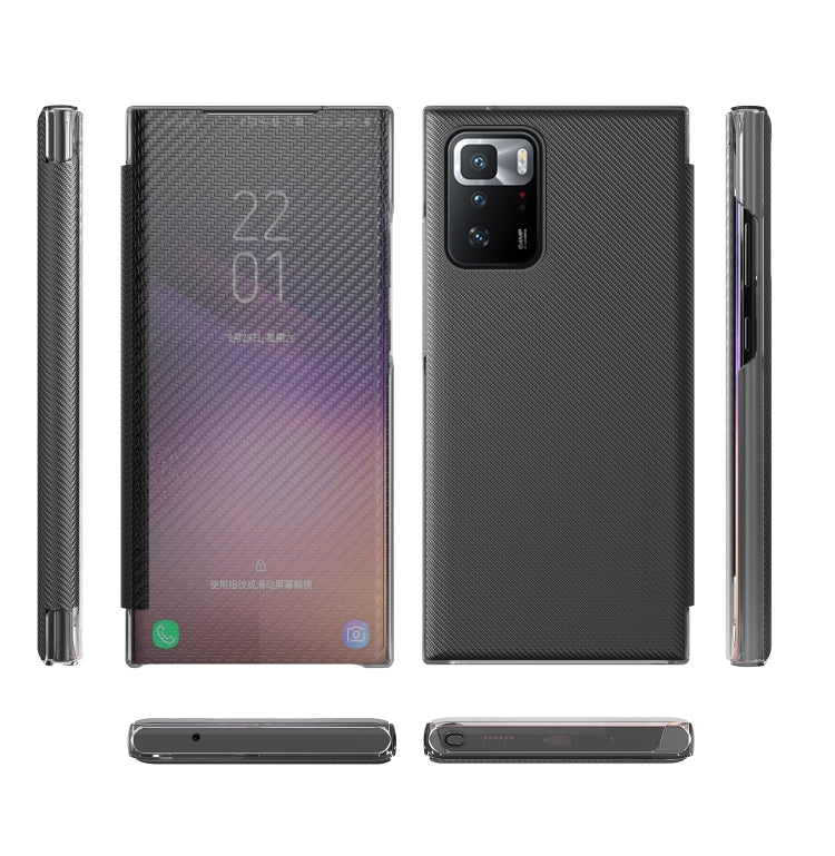 For Xiaomi Redmi Note 10 Pro Carbon Fiber Texture View Time Horizontal Flip Leather Case with Holder & Touch Call Display ID(Black) - Xiaomi Cases by buy2fix | Online Shopping UK | buy2fix