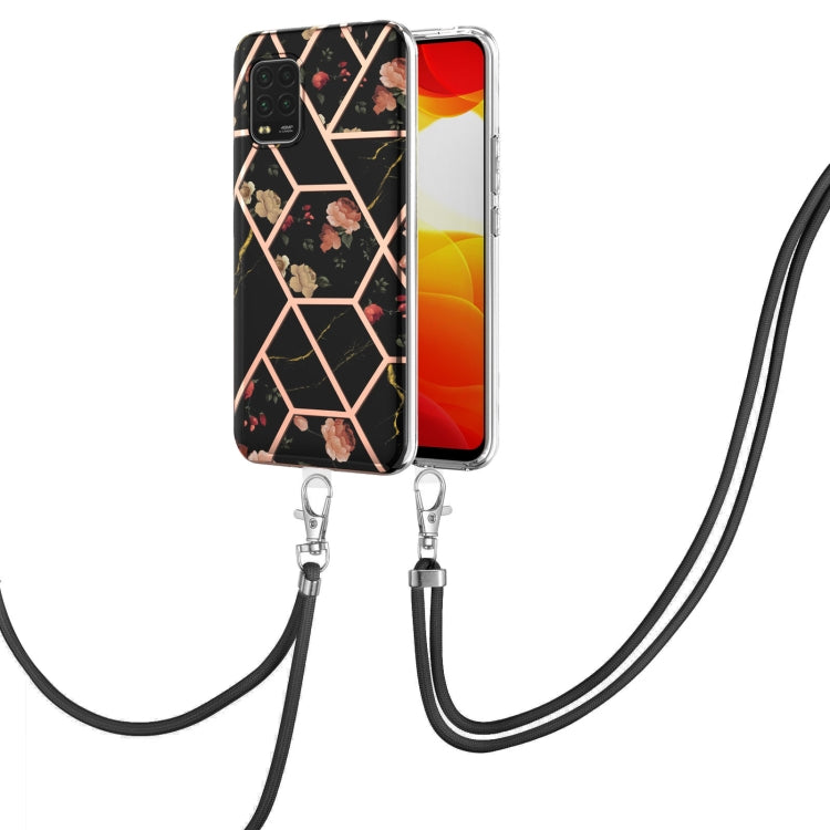 For Xiaomi Mi 10 Lite 5G Electroplating Splicing Marble Flower Pattern TPU Shockproof Case with Lanyard(Black Flower) - Xiaomi Cases by buy2fix | Online Shopping UK | buy2fix