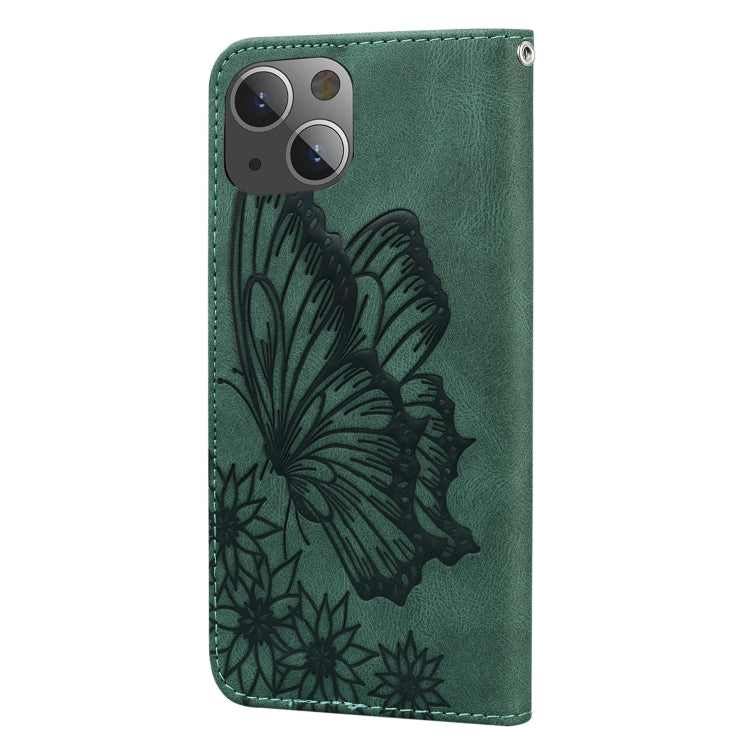 For iPhone 13 Retro Skin Feel Butterflies Embossing Horizontal Flip Leather Case with Holder & Card Slots & Wallet(Green) - iPhone 13 Cases by buy2fix | Online Shopping UK | buy2fix