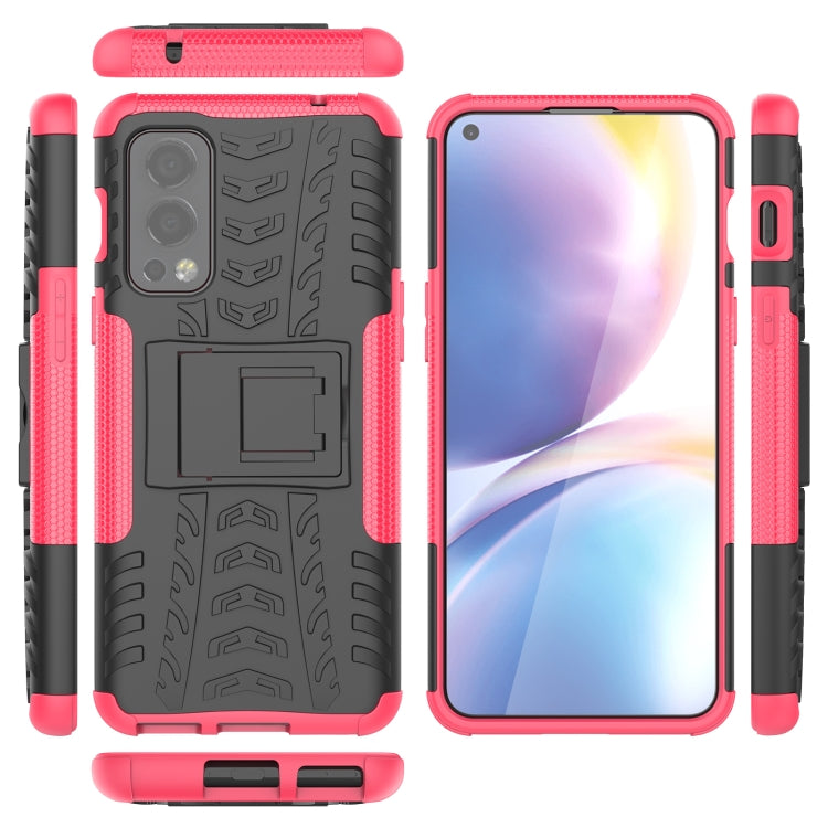 For OnePlus Nord 2 5G Tire Texture Shockproof TPU+PC Protective Case with Holder(Pink) - OnePlus Cases by buy2fix | Online Shopping UK | buy2fix
