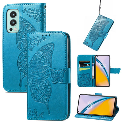 Butterfly Love Flowers Embossed Horizontal Flip Leather Case with Holder & Card Slots & Wallet & Lanyard For OnePlus Nord 2 5G(Blue) - OnePlus Cases by buy2fix | Online Shopping UK | buy2fix