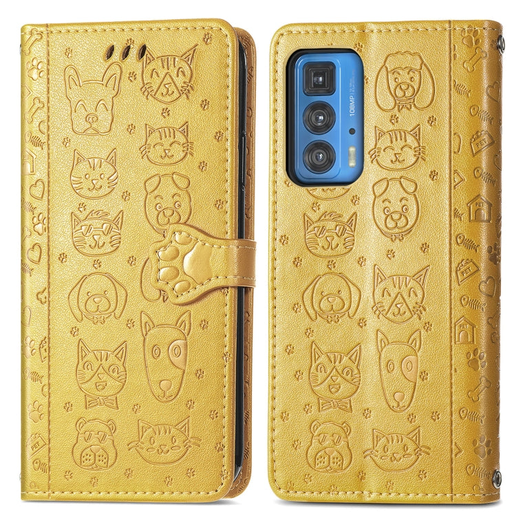 For Motorola Edge 20 Pro Lovely Cat and Dog Embossing Pattern Horizontal Flip Leather Case , with Holder & Card Slots & Wallet & Cartoon Clasp & Lanyard(Yellow) - Motorola Cases by buy2fix | Online Shopping UK | buy2fix