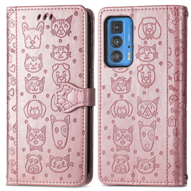 For Motorola Edge 20 Pro Lovely Cat and Dog Embossing Pattern Horizontal Flip Leather Case , with Holder & Card Slots & Wallet & Cartoon Clasp & Lanyard(Rose Gold) - Motorola Cases by buy2fix | Online Shopping UK | buy2fix