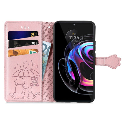 For Motorola Edge 20 Pro Lovely Cat and Dog Embossing Pattern Horizontal Flip Leather Case , with Holder & Card Slots & Wallet & Cartoon Clasp & Lanyard(Rose Gold) - Motorola Cases by buy2fix | Online Shopping UK | buy2fix