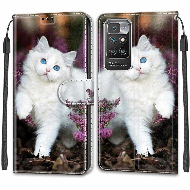 Voltage Coloured Drawing Magnetic Clasp Horizontal Flip PU Leather Case with Holder & Card Slots For Xiaomi Redmi 10(C08 Flower Bush Big White Cat) - Xiaomi Cases by buy2fix | Online Shopping UK | buy2fix