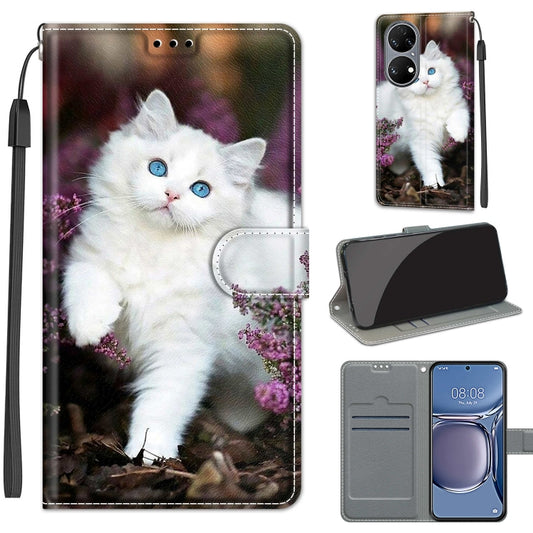 Voltage Coloured Drawing Magnetic Clasp Horizontal Flip PU Leather Case with Holder & Card Slots For Huawei P50(C08 Flower Bush Big White Cat) - Huawei Cases by buy2fix | Online Shopping UK | buy2fix