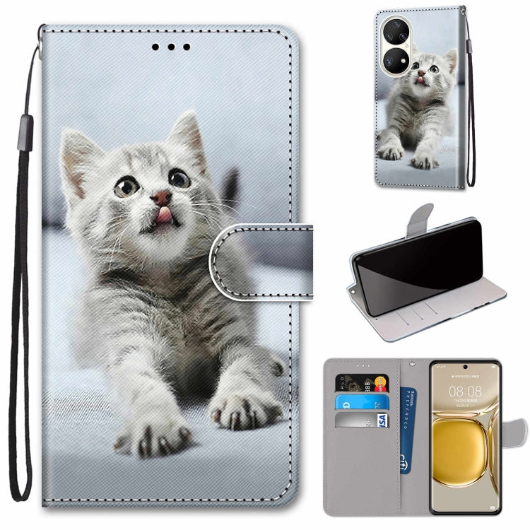 For Huawei P50 Pro Coloured Drawing Cross Texture Horizontal Flip PU Leather Case with Holder & Card Slots & Wallet & Lanyard(Small Gray Cat) - Huawei Cases by buy2fix | Online Shopping UK | buy2fix