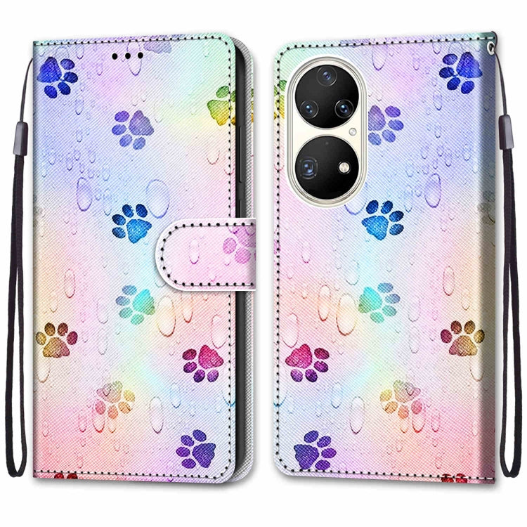 For Huawei P50 Pro Coloured Drawing Cross Texture Horizontal Flip PU Leather Case with Holder & Card Slots & Wallet & Lanyard(Footprint Water Drops) - Huawei Cases by buy2fix | Online Shopping UK | buy2fix