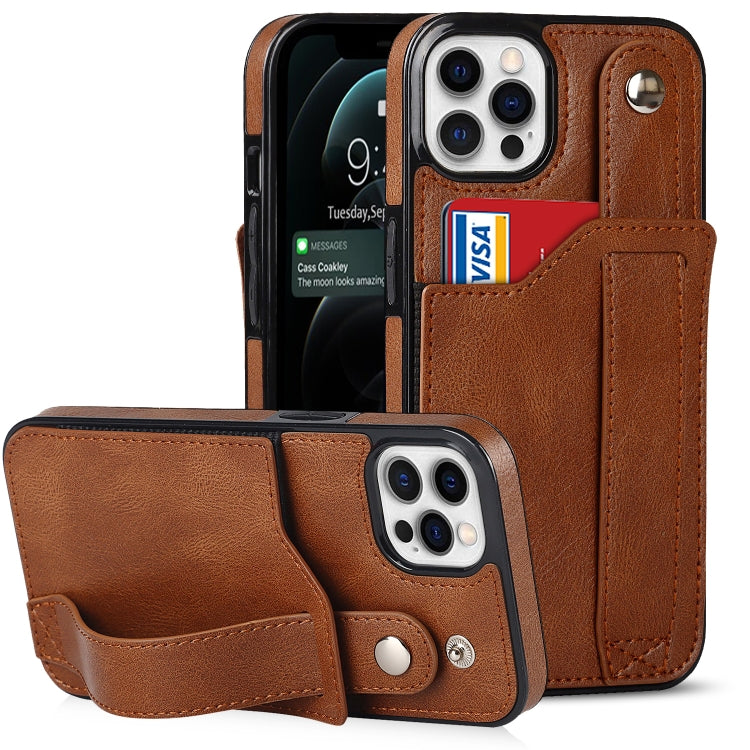 For iPhone 12 / 12 Pro Crazy Horse Texture Shockproof TPU + PU Leather Case with Card Slot & Wrist Strap Holder(Brown) - iPhone 12 / 12 Pro Cases by buy2fix | Online Shopping UK | buy2fix