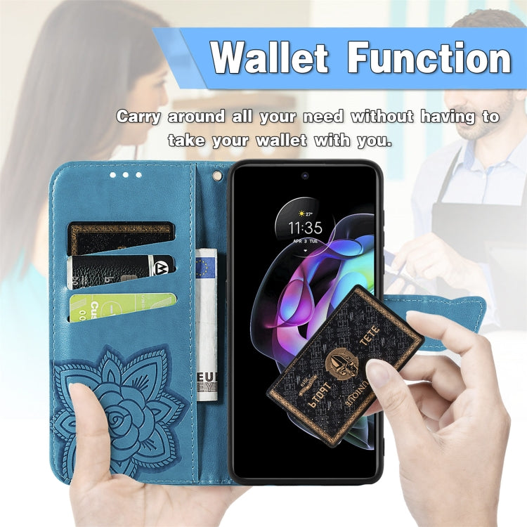 For Motorola Moto Edge 20 Butterfly Love Flower Embossed Horizontal Flip Leather Case with Holder & Card Slots & Wallet & Lanyard(Blue) - Motorola Cases by buy2fix | Online Shopping UK | buy2fix