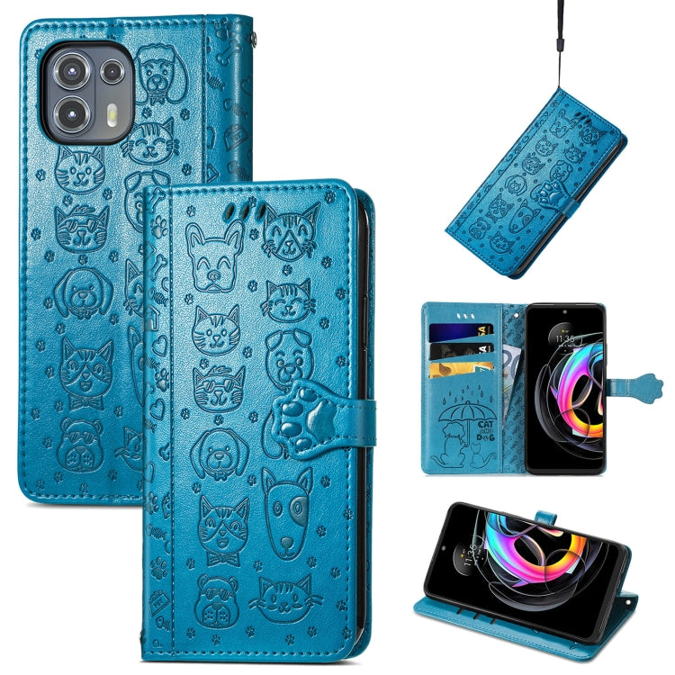 For Motorola Moto Edge 20 Lite Lovely Cat and Dog Embossing Pattern Horizontal Flip Leather Case , with Holder & Card Slots & Wallet & Cartoon Clasp & Lanyard(Blue) - Motorola Cases by buy2fix | Online Shopping UK | buy2fix