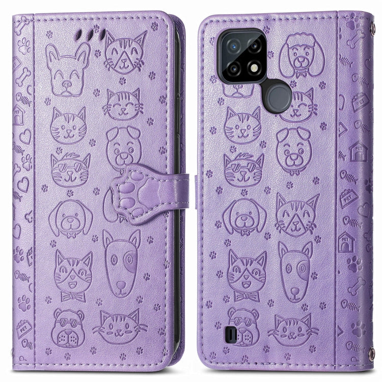 For OPPO Realme C21Y Cat and Dog Embossed Horizontal Flip Phone Leather Case with Holder & Card Slot & Wallet & Lanyard(Purple) - Realme Cases by buy2fix | Online Shopping UK | buy2fix