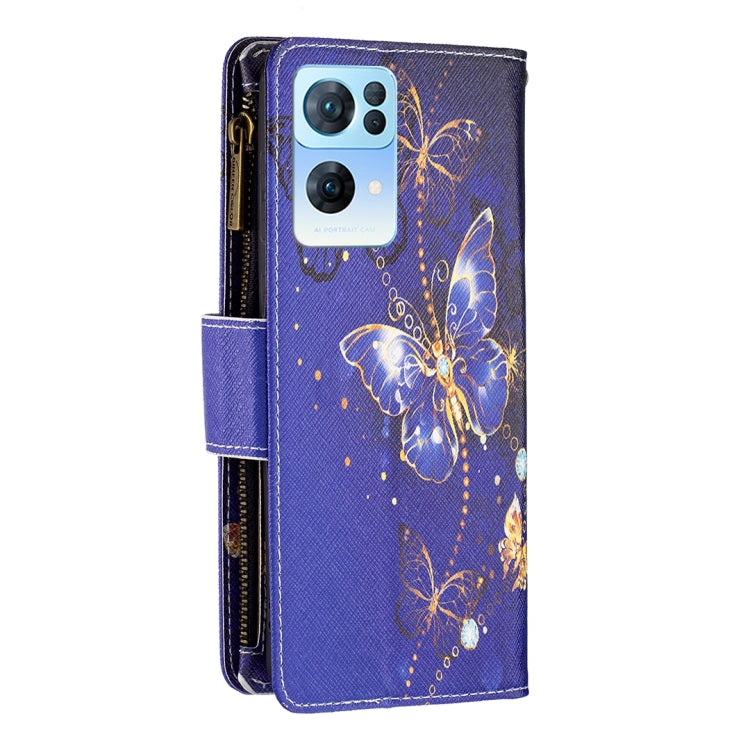 For OPPO Reno7 5G Global Colored Drawing Pattern Zipper Horizontal Flip Phone Leather Case(Purple Butterfly) - OPPO Cases by buy2fix | Online Shopping UK | buy2fix