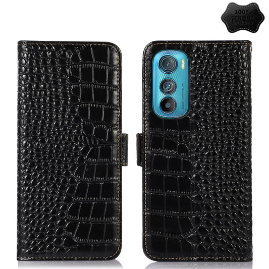 For Motorola Edge 30 5G Crocodile Top Layer Cowhide Leather Phone Case(Black) - Motorola Cases by buy2fix | Online Shopping UK | buy2fix