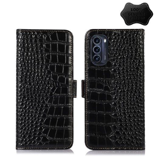 For Motorola Moto G52j 5G Crocodile Top Layer Cowhide Leather Phone Case(Black) - Motorola Cases by buy2fix | Online Shopping UK | buy2fix