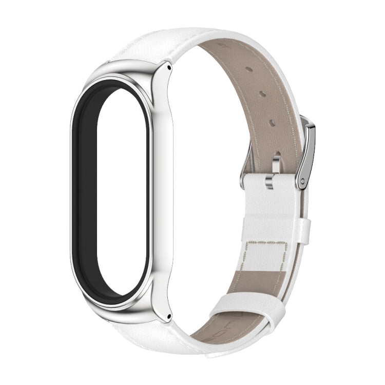 For Xiaomi Mi Band 7 / 7 NFC MIJOBS CS Metal Case Genuine Leather Top Layer Cowhide Watch Band(White Silver) - Watch Bands by MIJOBS | Online Shopping UK | buy2fix