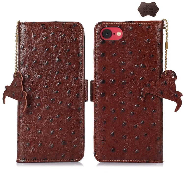 For iPhone 16e Ostrich Pattern Genuine Leather RFID Phone Case(Coffee) - iPhone 16e Cases by buy2fix | Online Shopping UK | buy2fix