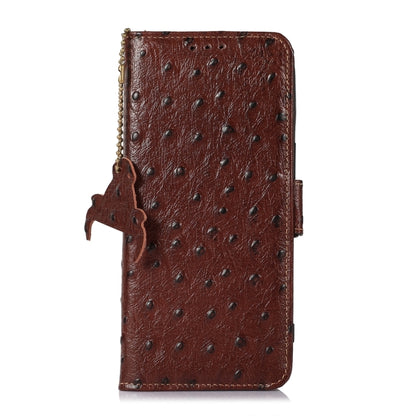 For iPhone 16e Ostrich Pattern Genuine Leather RFID Phone Case(Coffee) - iPhone 16e Cases by buy2fix | Online Shopping UK | buy2fix