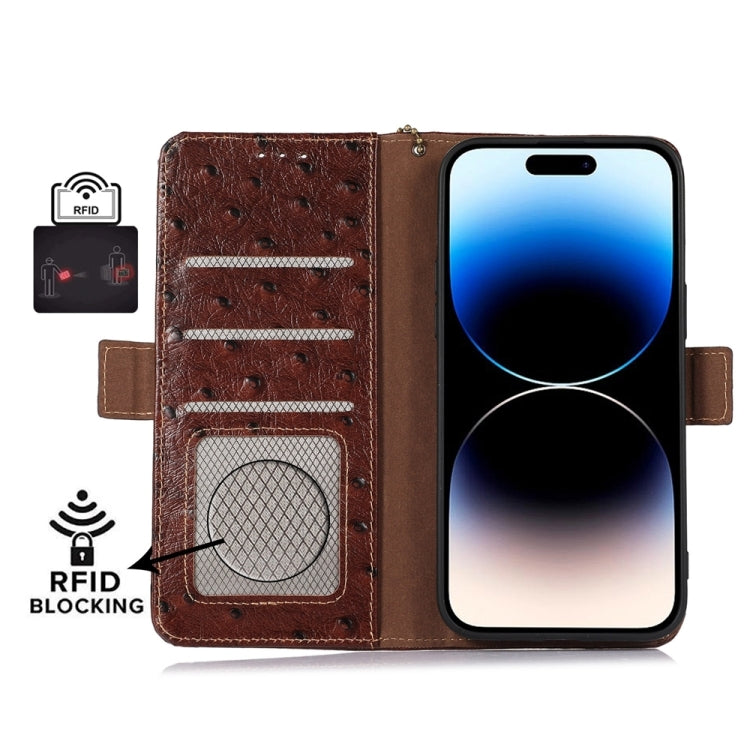 For iPhone 16e Ostrich Pattern Genuine Leather RFID Phone Case(Coffee) - iPhone 16e Cases by buy2fix | Online Shopping UK | buy2fix