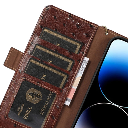 For iPhone 16e Ostrich Pattern Genuine Leather RFID Phone Case(Coffee) - iPhone 16e Cases by buy2fix | Online Shopping UK | buy2fix