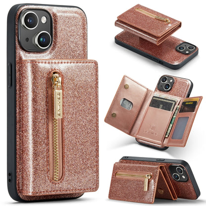 For iPhone 14 DG.MING M3 Series Glitter Powder Card Bag Leather Case(Rose Gold) - iPhone 14 Cases by DG.MING | Online Shopping UK | buy2fix