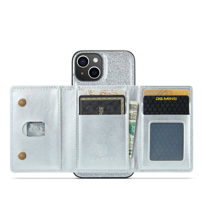 For iPhone 14 Plus DG.MING M3 Series Glitter Powder Card Bag Leather Case(Silver) - iPhone 14 Plus Cases by DG.MING | Online Shopping UK | buy2fix