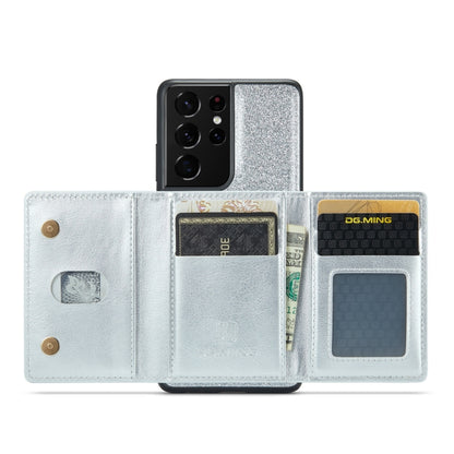 For Samsung Galaxy S21 Ultra 5G DG.MING M3 Series Glitter Powder Card Bag Leather Case(Silver) - Galaxy Phone Cases by DG.MING | Online Shopping UK | buy2fix