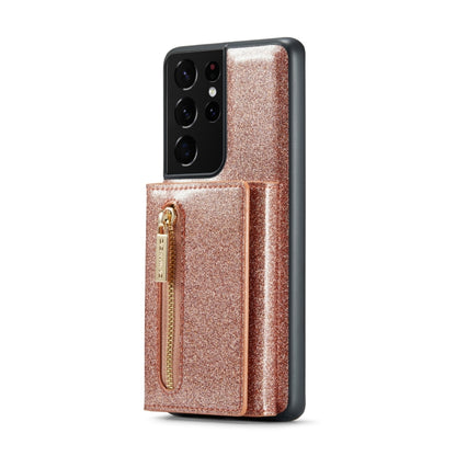 For Samsung Galaxy S21 Ultra 5G DG.MING M3 Series Glitter Powder Card Bag Leather Case(Rose Gold) - Galaxy Phone Cases by DG.MING | Online Shopping UK | buy2fix