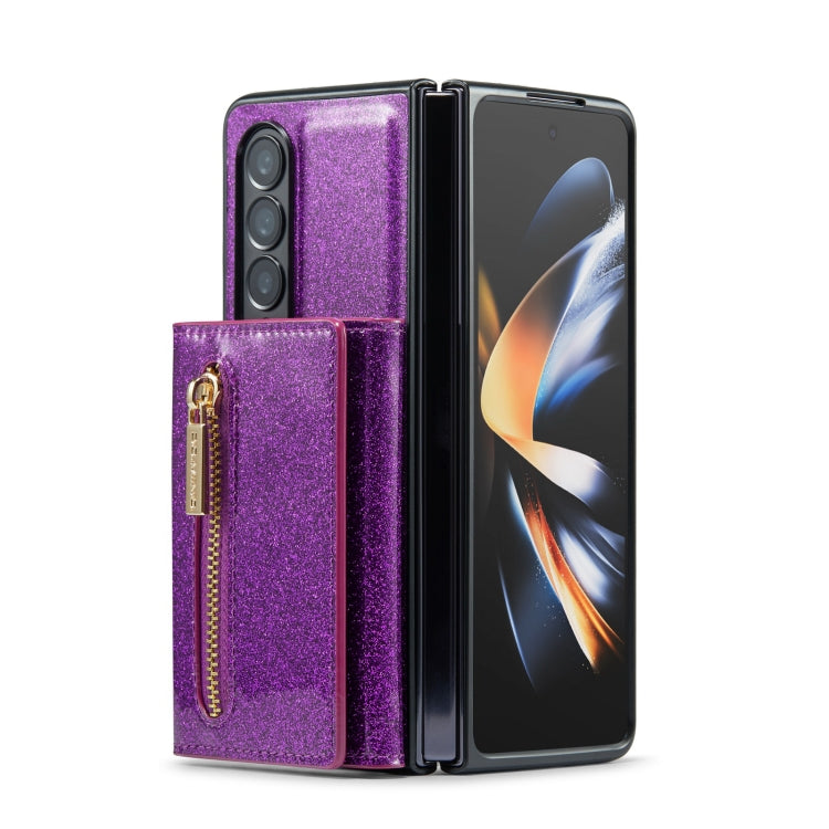 For Samsung Galaxy Z Fold3 5G DG.MING M3 Series Glitter Powder Card Bag Leather Case(Dark Purple) - Galaxy Phone Cases by DG.MING | Online Shopping UK | buy2fix