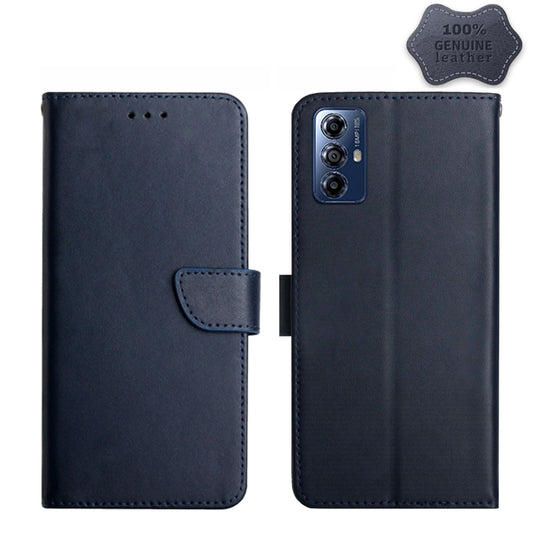 For Motorola Moto G Play 2023 HT02 Genuine Leather Fingerprint-proof Flip Phone Case(Blue) - Motorola Cases by buy2fix | Online Shopping UK | buy2fix