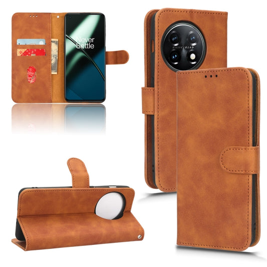 For OnePlus 11 Skin Feel Magnetic Flip Leather Phone Case(Brown) - OnePlus Cases by buy2fix | Online Shopping UK | buy2fix