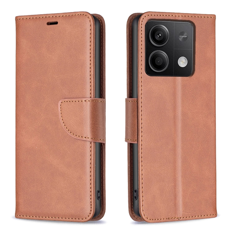 For Xiaomi Redmi Note 13 4G Global Lambskin Texture Pure Color Flip Leather Phone Case(Brown) - Note 13 Cases by buy2fix | Online Shopping UK | buy2fix