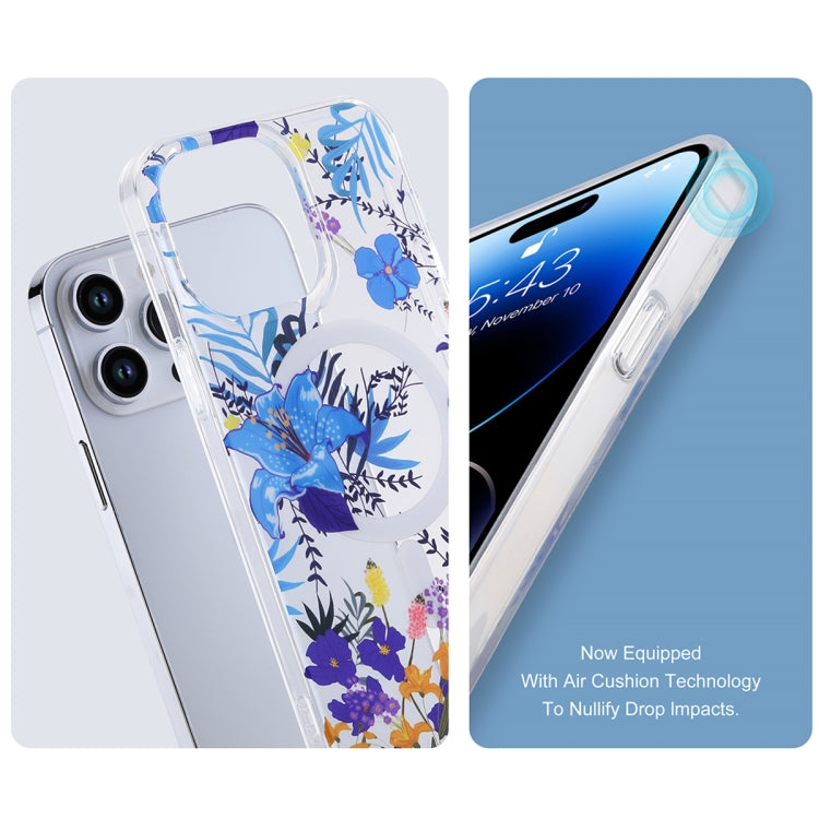 For iPhone 14 Pro Transparent Double Sided Magsafe Phone Case(Sky Blue Flower) - iPhone 14 Pro Cases by buy2fix | Online Shopping UK | buy2fix