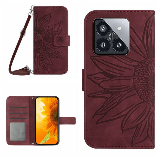 For Xiaomi 14 Pro Skin Feel Sun Flower Embossed Flip Leather Phone Case with Lanyard(Wine Red) - 14 Pro Cases by buy2fix | Online Shopping UK | buy2fix