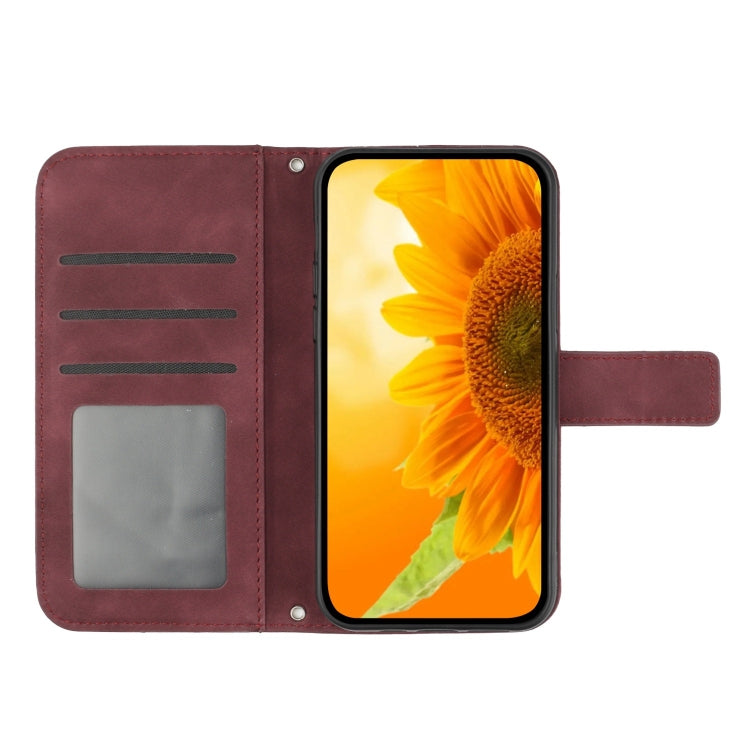 For Xiaomi Redmi 13C 5G Skin Feel Sun Flower Embossed Flip Leather Phone Case with Lanyard(Wine Red) - 13C Cases by buy2fix | Online Shopping UK | buy2fix