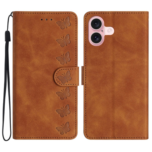 For iPhone 16 Seven Butterflies Embossed Leather Phone Case(Brown) - iPhone 16 Cases by buy2fix | Online Shopping UK | buy2fix