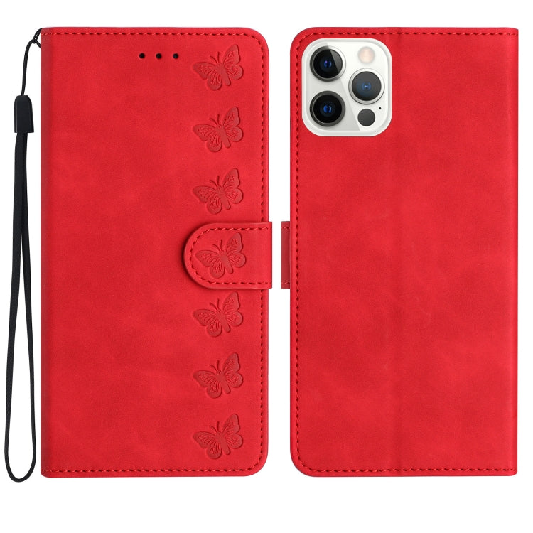 For iPhone 16 Pro Seven Butterflies Embossed Leather Phone Case(Red) - iPhone 16 Pro Cases by buy2fix | Online Shopping UK | buy2fix