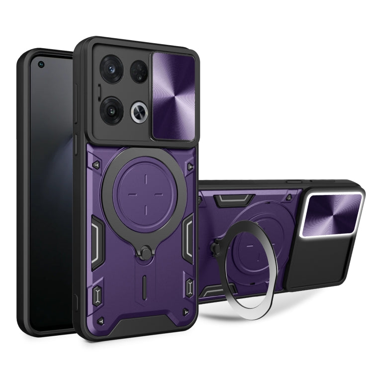 For OPPO Reno8 Pro 5G CD Texture Sliding Camshield Magnetic Holder Phone Case(Purple) - OPPO Cases by buy2fix | Online Shopping UK | buy2fix