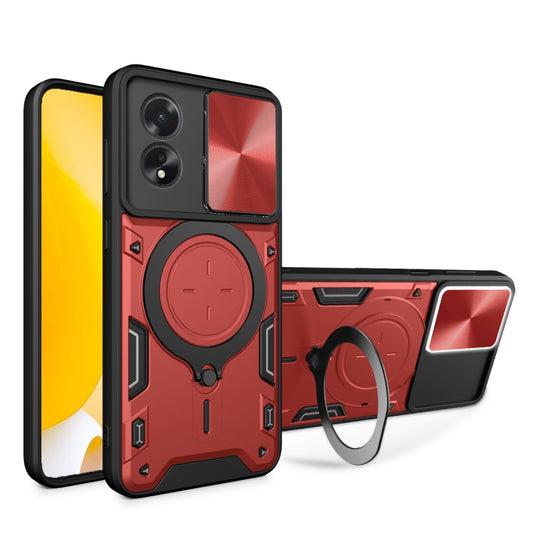 For OPPO A38 4G Global CD Texture Sliding Camshield Magnetic Holder Phone Case(Red) - A38 Cases by buy2fix | Online Shopping UK | buy2fix
