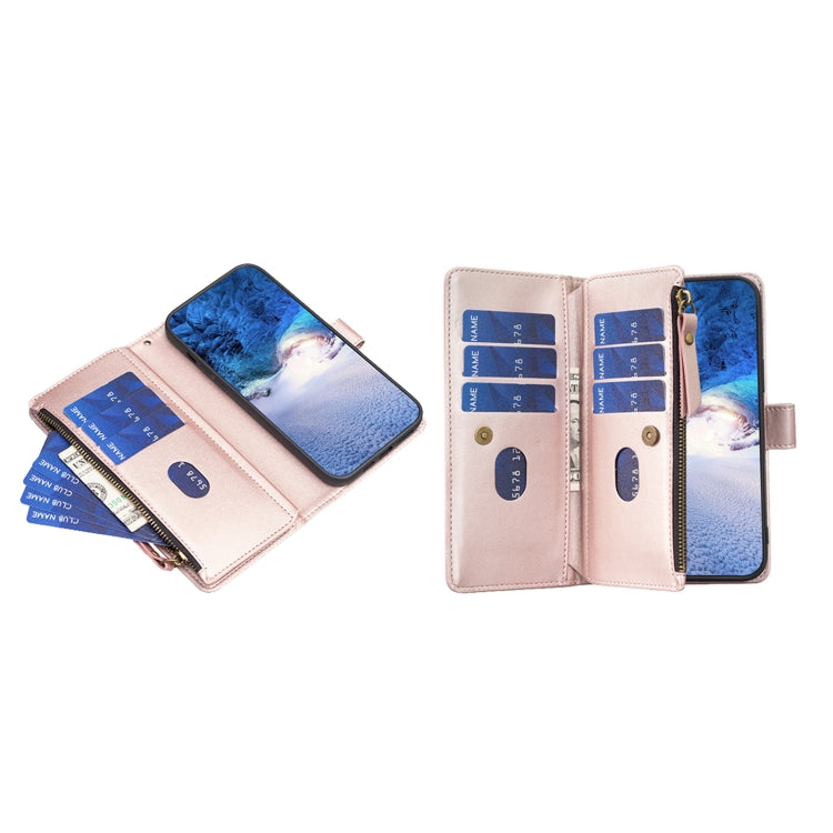 For iPhone 16 Plus 9 Card Slots Zipper Wallet Leather Flip Phone Case(Rose Gold) - iPhone 16 Plus Cases by buy2fix | Online Shopping UK | buy2fix