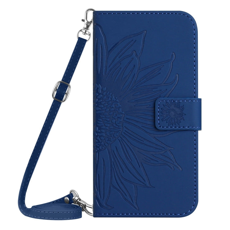 For iPhone 16 Pro Max Skin Feel Sun Flower Embossed Flip Leather Phone Case with Lanyard(Dark Blue) - iPhone 16 Pro Max Cases by buy2fix | Online Shopping UK | buy2fix